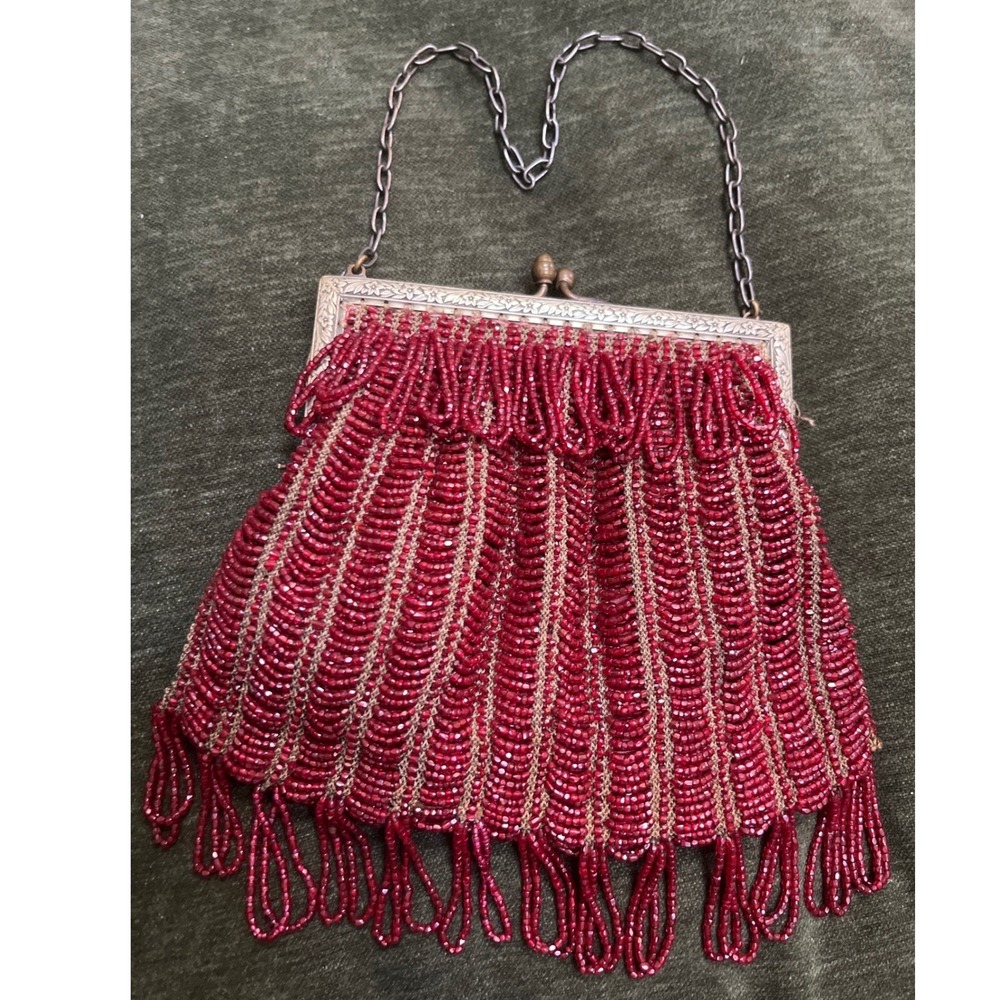Antique 1920s‎ Red Micro Beaded Fringe Purse Art Deco Floral Brass Frame Flapper